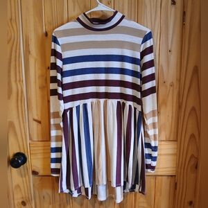 My Story Striped Long Sleeve Dress - Blue and Burgundy With Elbow Patches Size M